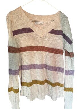 Sonoma Goods For Life Striped Open-Knit V-Neck Sweater Cream Multi Size S
